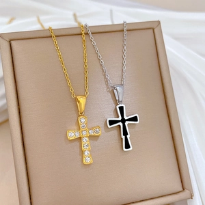 Titanium steel cross necklaces in gold with rhinestones and silver with black inlay