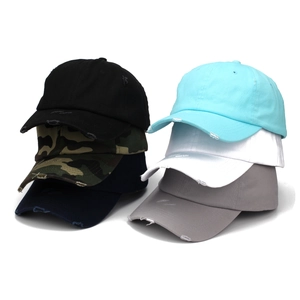 Distressed ponytail baseball caps for women in six assorted colors on white background