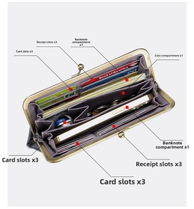 Detail view of large capacity leather frame wallet with multi-card slots and purple lining