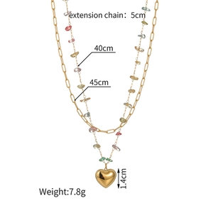 Detailed layered necklace size guide with heart pendant and colorful stone accents