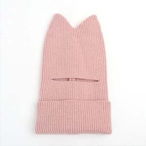 Detail of pink knitted cat ear balaclava showing ribbed texture and eye opening