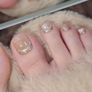 French Cat Eye Press On Toenails Short Square Champagne Gold Glitter Fake Nails For Women Elegant Foot Manicure Decor