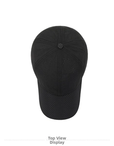 Top view of black quick-dry baseball cap with laser-cut holes for ventilation
