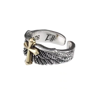 Vintage 925 silver angel wing ring with gold cross and engraved graffiti details