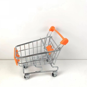 Detailed side view of a mini orange shopping cart model for desk storage and pretend play