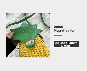 Detail of pineapple woven bag featuring green leather lid and golden metal turn-lock