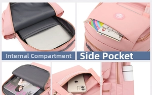 Pink waterproof backpack detail showing multiple compartments and laptop storage space