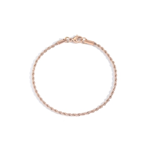 Detailed close-up of rose gold stainless steel rope chain bracelet with lobster clasp