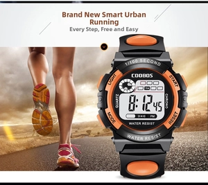 Close-up of COOBOS digital sports watch featuring LCD display and water resist functions