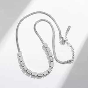 Silver stainless steel snake chain necklace with LOVE letter square beads for women