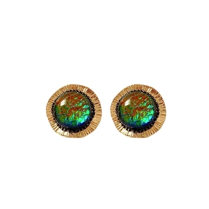 Vintage style gold earrings with round blue-green resin stones in a luxury design