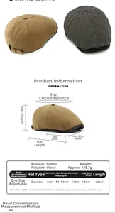 Size guide for retro beret showing cotton blend material and dimensions for head size 55-59cm
