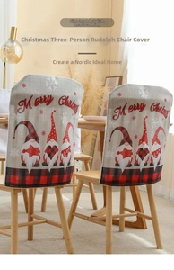 Close-up of Christmas gnome chair covers with Merry Christmas text and snowflake patterns