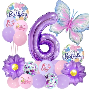 Purple 6th birthday balloon set with butterfly and flower shaped foil balloons decor