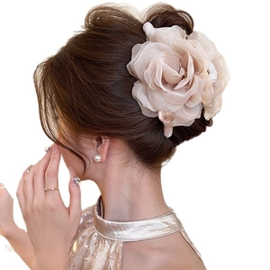 Elegant champagne organza rose hair claw clip for women's bun hairstyles