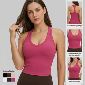 Rose pink yoga tank top with V-neck, Y-back hollow design and built-in padded bra
