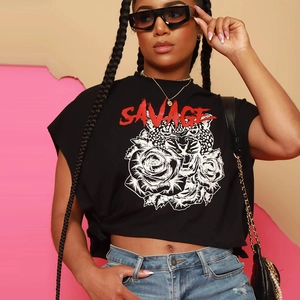 Top Court Femmes Manches Courtes Col Rond Noir Polyester Savage Panthère Rose Imprimé Graphique Streetwear