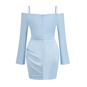 Detail view of light blue off-shoulder dress back with invisible zipper and ruching