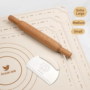 Thickened food-grade silicone pastry mat set with wooden rolling pin and metal scraper