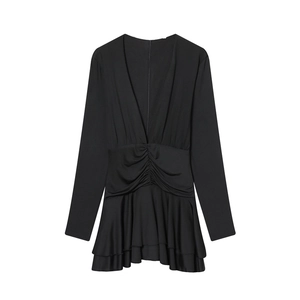 Elegant black deep V-neck long sleeve dress with waist pleated ruffles and tiered hemline