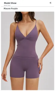 Detail of red bean paste purple yoga set featuring V-neck tank top and high-waist shorts