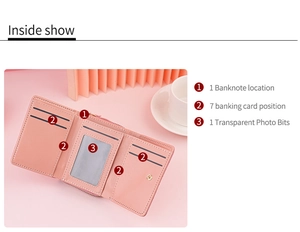 Interior layout of pink bi-fold wallet showing 7 card slots and transparent photo window