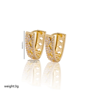 Detail view of gold V-shaped hoop earrings with zircons showing 1.5cm height dimension