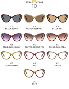 Detailed grid showing ten color variations of cat-eye eyewear frames with color codes