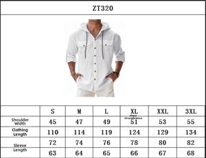 Detailed size chart for men's linen hooded shirts showing S to 3XL measurements