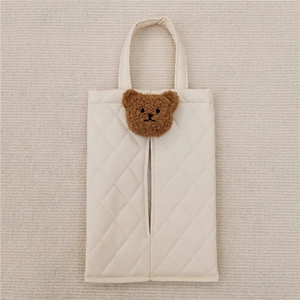 Hanging quilted PU leather tissue box holder with a cute brown bear for car seat storage