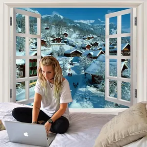 3D window view tapestry showing a snowy mountain village landscape for bedroom wall decor