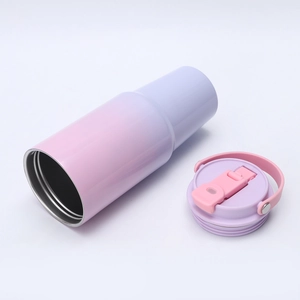 Top view of pink and purple gradient 30oz insulated tumbler with lid and handle