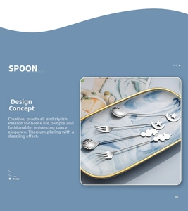 Detail showing creative stainless steel dessert spoons and forks with sea motifs on tray