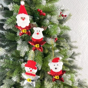 Christmas plush ornaments set featuring Santa, Reindeer, Snowman, and Bear on stars