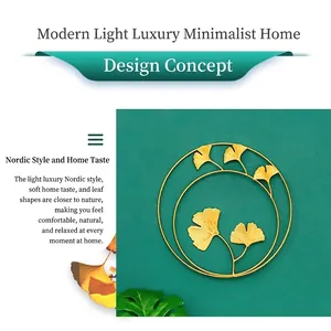Detail of luxury gold metal ginkgo leaf wall decor with a double-ring art design