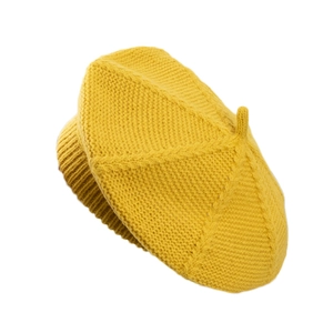 Vibrant yellow knitted beret for women with classic woven texture and top detail