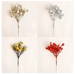 Detailed comparison of glitter Christmas berry picks in gold, silver, champagne and red