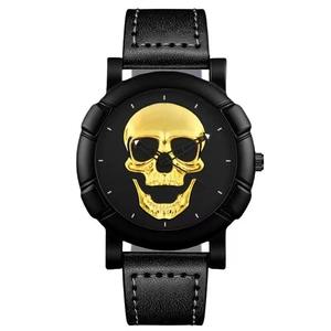 Men's hip-hop watch featuring a 3D golden skull dial and black leather strap