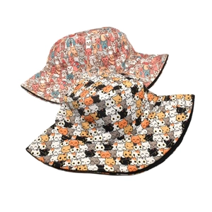 Double-sided reversible bucket hat with colorful cartoon cat and dog animal prints