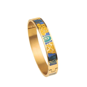 Elegant 18K gold plated stainless steel bangle with blue and yellow enamel swirl patterns