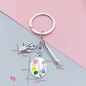 Art theme keychain with silver paint palette, brush and bucket pendants for art students