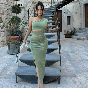 One Shoulder Hollow Out Ruched Maxi Dress Polyester Spandex Slim Fit High Slit Solid Color Streetwear Women Sexy