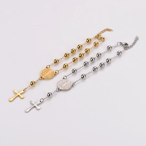Religious stainless steel beaded bracelet with cross and St. Benedict medal charms