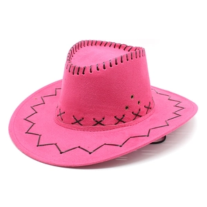 Detail of pink faux suede cowboy hat with black whipstitch edges and metal ventilation eyelets