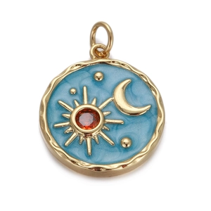 Gold-plated circular pendant with blue enamel and celestial sun, moon, star motifs