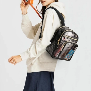 Detail of a quilted mini backpack with transparent PVC layer and golden hardware