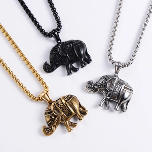 Punk style elephant pendant necklace in black, gold, and silver stainless steel options