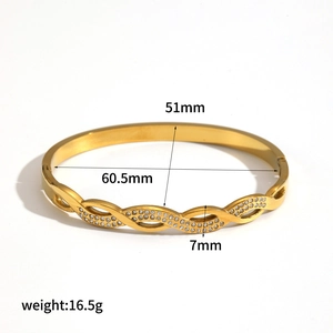 Detailed dimensions of 18k gold plated twisted cable bangle with zircon inlay, 7mm width