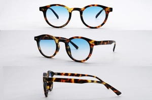 Drei-Winkel-Ansicht der runden Tortoise-Sonnenbrille mit blauen Verlaufsgläsern und Nieten