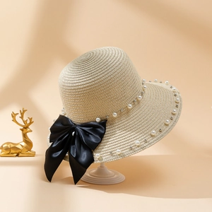 Wide Brim Straw Hat With Large Bow And Artificial Pearls Women Summer Beach Sun Protection Elegant French Style